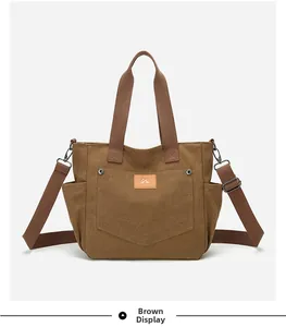 Detail of a brown multi-pocket canvas bag showing adjustable straps and leather logo patch