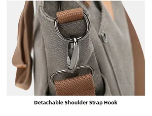 Detail of the high-quality detachable metal hook and brown strap on a gray canvas bag
