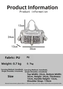 Detail view of silver crocodile texture PU bag with leopard print pocket and dimensions