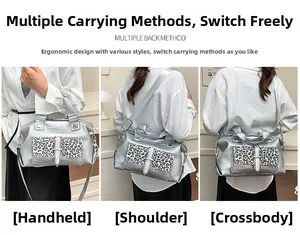 Versatile silver crocodile pattern handbag with leopard print flap shown in three ways