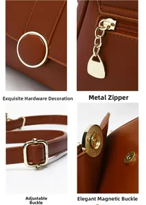 Detail view of gold hardware, metal zippers, and adjustable buckle on brown leather bag