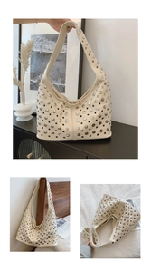 Détails du sac seau crème avec rivets argentés et large bandoulière confortable