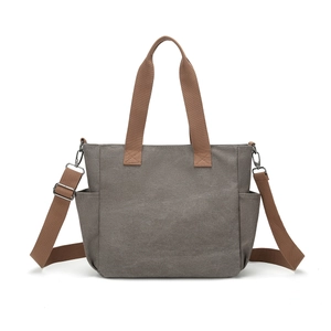 Large capacity dark grey canvas tote bag with brown straps and multi-pocket design