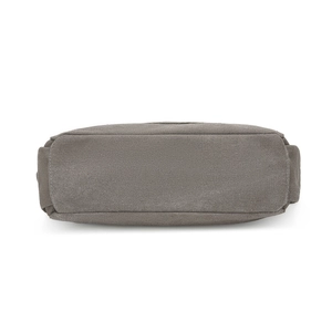 Bottom view of gray canvas tote bag showing reinforced stitching and durable base
