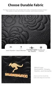 Detail von wasserdichtem Leder mit Blumenprägung und goldenem Metalllogo auf der Tasche