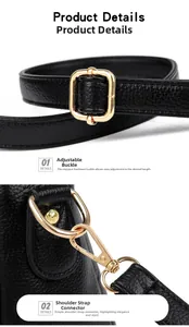 Detailsicht auf verstellbare Gold-Schnalle und Karabiner an schwarzer Leder-Tasche