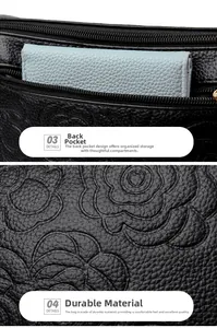 Detailansicht der Rücktasche und Kamelien-Prägung auf der schwarzen Umhängetasche