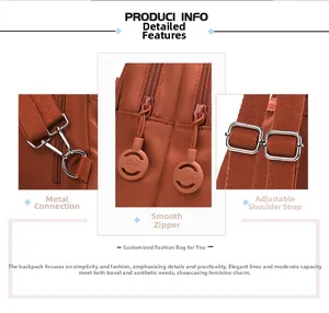 Dettagli dello zaino in tessuto Oxford marrone con ganci metallici e cerniere fluide