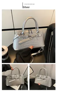 Detailed close-up of silver crocodile pattern texture on stylish large handbag