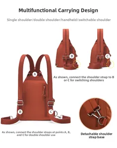 Dettaglio dei ganci metallici rimovibili e del sistema di cinghie per mini zaino