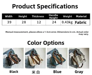 Size specifications for striped canvas tote bag showing colors and 39x28x12cm dimensions