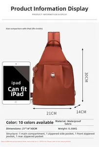 Borsa a tracolla arancione impermeabile con confronto dimensioni iPad e dettagli tasche