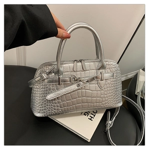 Silver crocodile embossed handbag with metal texture and top dual-zipper closure