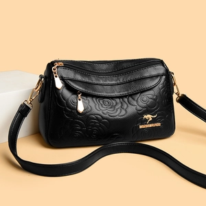 Damen Blumen Prägung Umhängetasche Vintage PU Leder Schultertasche Dreifach Reißverschluss Schicht Elegante Handtasche Goldene Hardware Messenger Bag