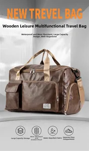 Brown leather travel bag detail showing independent side shoe compartment for gym and sports
