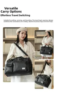 Black large capacity travel bag showing various carrying styles and luggage strap