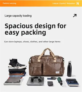 Detail of brown PU leather travel bag showing large capacity for laptop and gear
