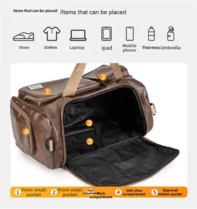 Detail view of large brown PU leather duffle bag showing organized interior compartments