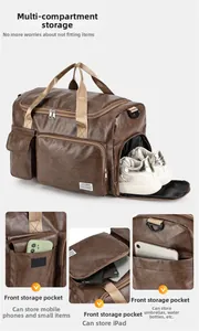 Detail view of large travel bag featuring a separate shoe compartment and multiple pockets