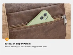 Close-up of a brown leather travel bag featuring a hidden anti-theft back zipper pocket