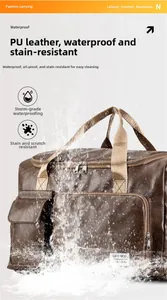 Waterproof dark brown PU leather travel bag showing rainproof and scratch-resistant features
