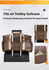 Brown faux leather fitness bag featuring a practical trolley sleeve for luggage attachment