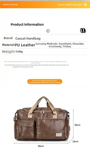Detail view of large brown PU leather duffel bag with shoe compartment and luggage strap