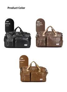 Three large duffle bags in black, dark brown, and brown faux leather with functional pockets