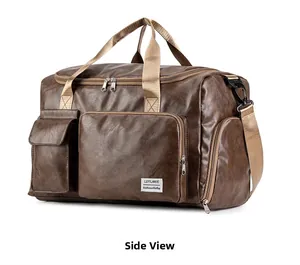 Side view of large brown sports duffel bag with textured leather and multiple zip pockets