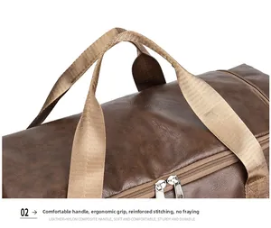 Detail of reinforced leather handle with precision stitching on brown travel bag