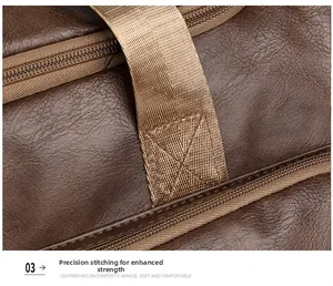 Macro detail of reinforced nylon handles and precision stitching on brown leather travel bag