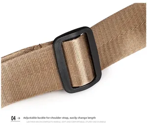 Detail of adjustable brown nylon shoulder strap with a durable black plastic buckle clip