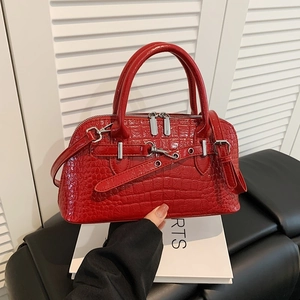 Women Crocodile Pattern Embossed PU Leather Handbag Retro Boston Bag Large Capacity Shoulder Crossbody Bag Silver Hardware Stylish Top Handle Purse