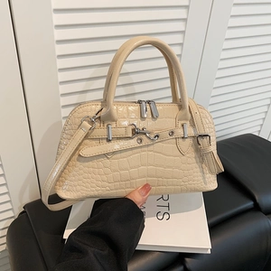 Cream white crocodile embossed tote bag with silver ring hardware and shoulder strap
