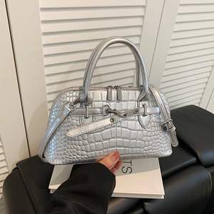 Fashionable silver crocodile embossed handbag with top handles and shoulder strap