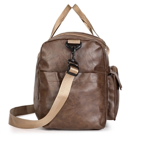 Dark brown PU leather sports gym bag with large capacity and adjustable shoulder strap