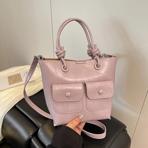 Lavender crocodile texture handbag with knot handle and dual front pockets for women