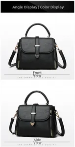 Vues détaillées de face et de côté d'un sac à main noir en cuir avec fermoir cœur doré