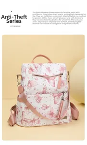 Detail of pink tassel charm and butterfly print on stylish anti-theft women backpack