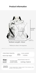 Detailed size specifications and butterfly print PU leather backpack capacity chart