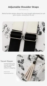 Detail of adjustable black strap with silver buckle and tassel zipper on butterfly backpack