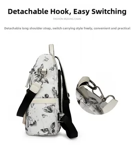 Detail of detachable shoulder strap and metal hook on butterfly print backpack