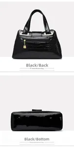 Vista posteriore e base di una borsa in pelle verniciata nera con motivo a coccodrillo