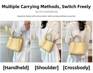 Sac seau jaune pâle présenté de trois façons : à la main, à l'épaule et en bandoulière