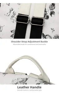 Detail of adjustable black nylon shoulder straps and white leather top handle on a backpack