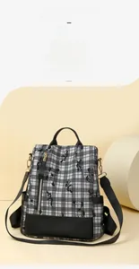 Macro shot of checkered backpack showing butterfly pattern and adjustable nylon straps