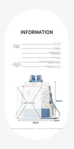 Detailed size chart for 31x29x13cm floral backpack showing storage and dimensions