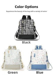 Detailed comparison of large capacity women backpacks in black plaid, green and blue floral