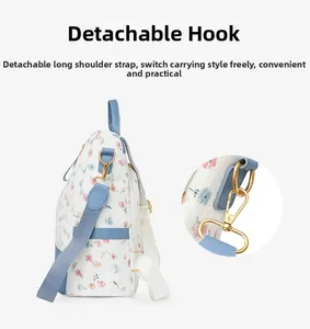 Detail view of floral backpack with detachable metal hooks and wide fabric straps