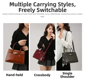 Detail showing three colors of the retro tote bag worn as handbag, shoulder and crossbody